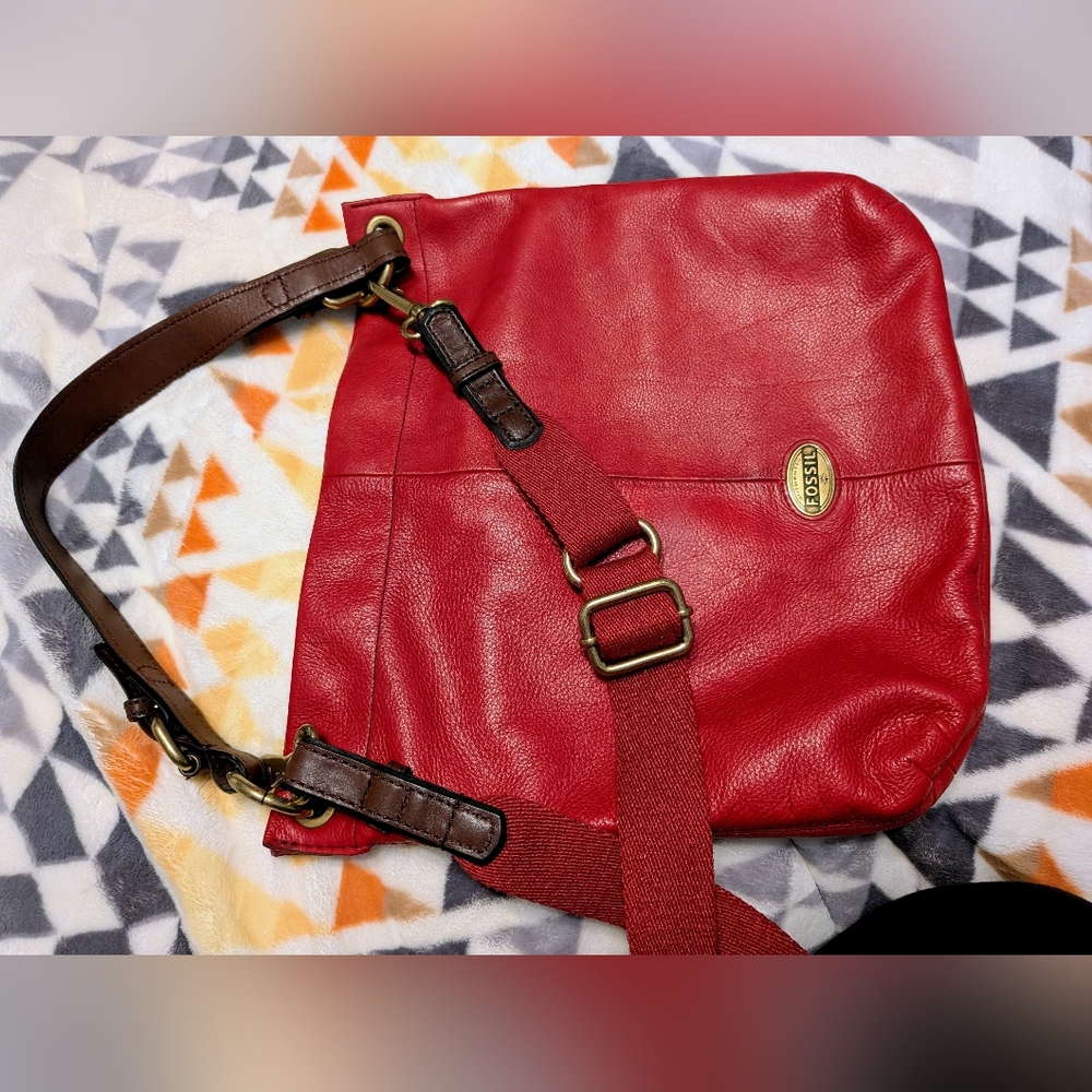 Long Live Vintage Red Fossil Leather Crossbody